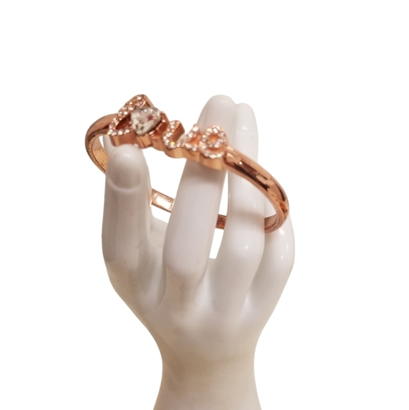 ROSE GOLDTONE & GLASS RHINESTONE "LOVE" BANGLE BRACELET - Picture 2 of 5